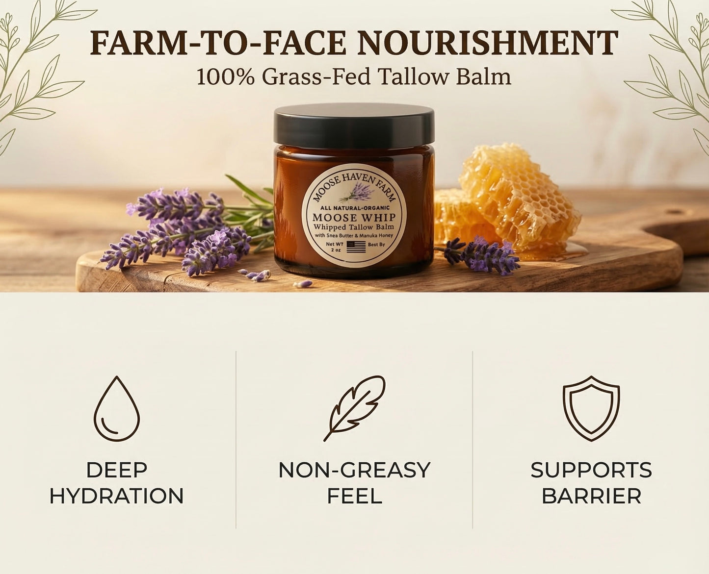 Moose Whip Whipped Tallow Balm – Grass-Fed & Finished Tallow Moisturizer for Face & Body – All-Natural, Non-Toxic Hydration for Sensitive, Dry, or Mature Skin – 2oz