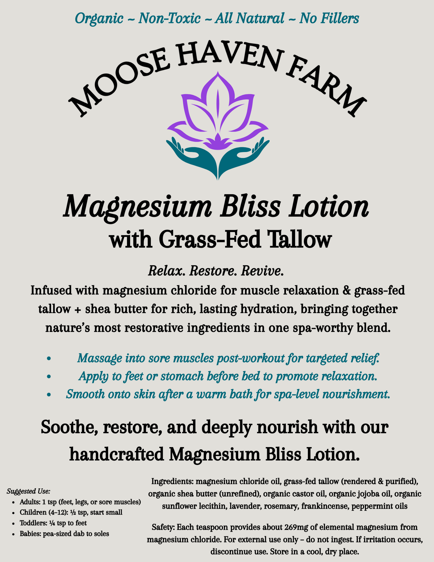 Magnesium Bliss Lotion with Grass Fed Tallow (4 oz)
