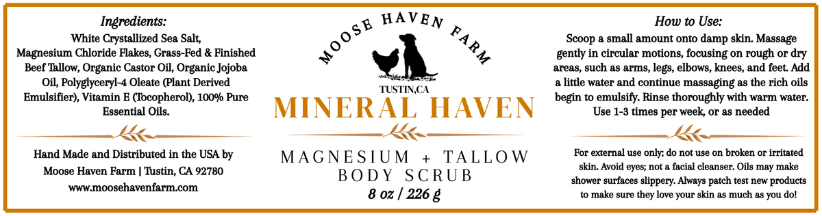Mineral Haven magnesium + tallow body scrub label