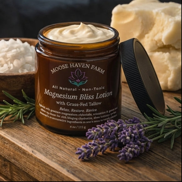 Magnesium Bliss Lotion – Relaxation & Deep Hydration | Grass-Fed Tallow, Shea Butter, Magnesium Chloride, and Essential Oils | Non-Toxic, Small-Batch, Natural Skincare (4 oz)
