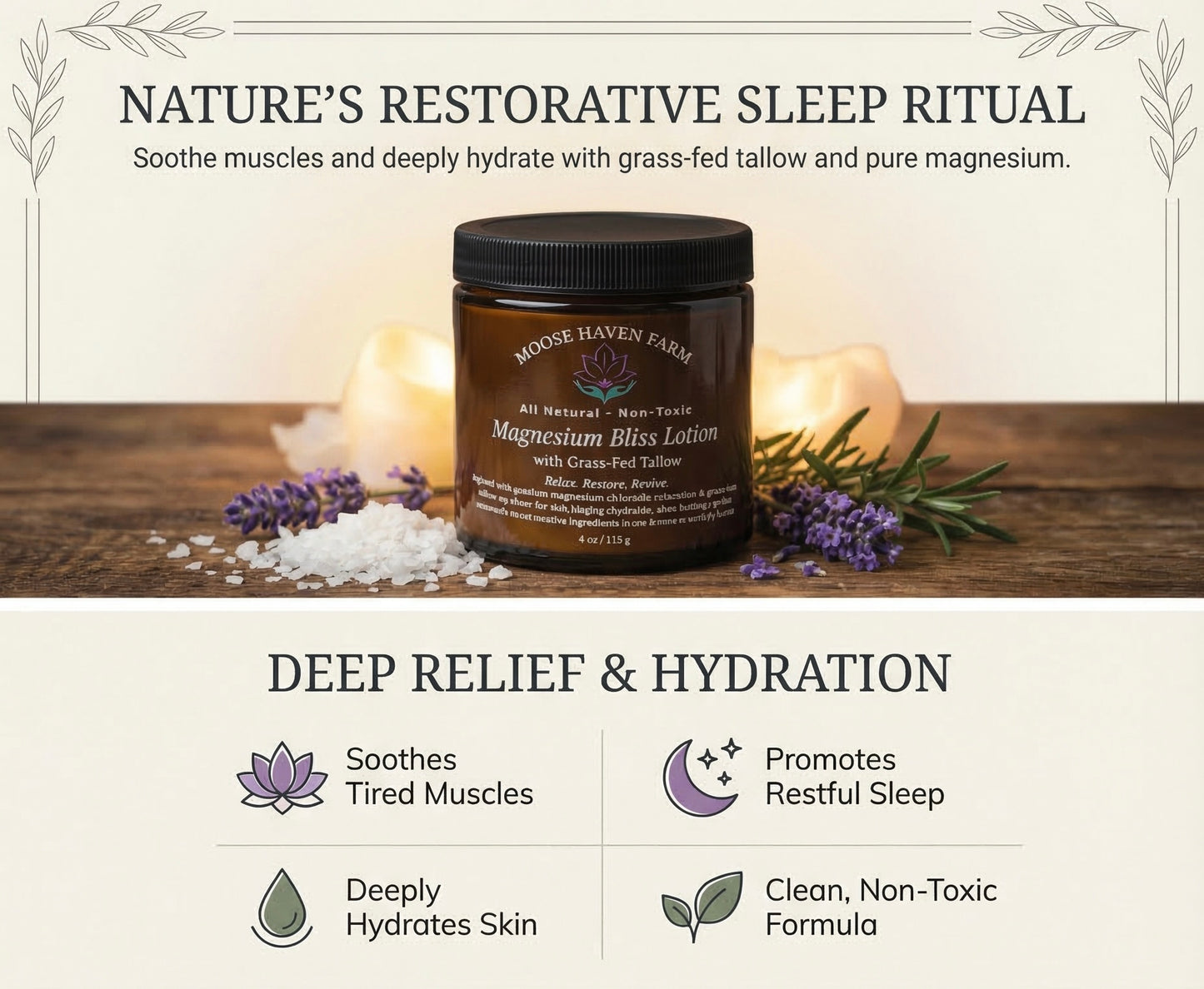 Magnesium Bliss Lotion – Relaxation & Deep Hydration | Grass-Fed Tallow, Shea Butter, Magnesium Chloride, and Essential Oils | Non-Toxic, Small-Batch, Natural Skincare (4 oz)