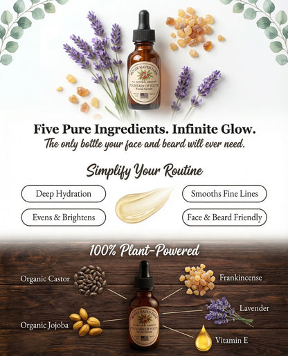 Fountain of Youth Serum – 100% Pure Face & Beard Oil | Anti-Aging, Hydrating & Restorative | Frankincense, Lavender, Castor & Jojoba Oils + Vitamin E | Non-Toxic, All-Natural Skincare