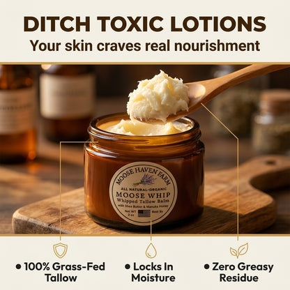 Moose Whip Whipped Tallow Balm – Grass-Fed & Finished Tallow Moisturizer for Face & Body – All-Natural, Non-Toxic Hydration for Sensitive, Dry, or Mature Skin – 2oz
