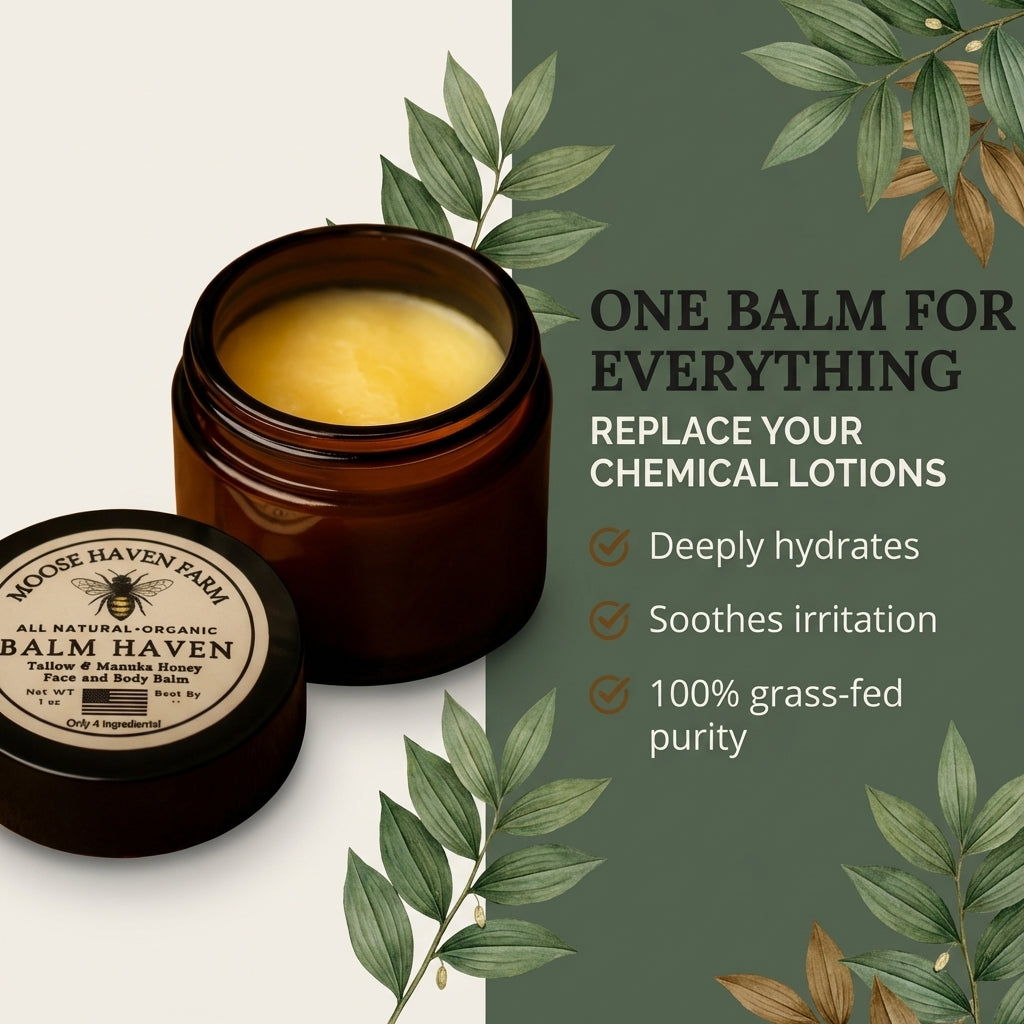 Balm Haven – 100% Grass-Fed Tallow and Manuka Honey Balm | All-Natural, Non-Toxic Moisturizer for Face, Body & Hands | Deeply Hydrating, Anti-Aging, and Soothing Skincare | Made in Small Batches